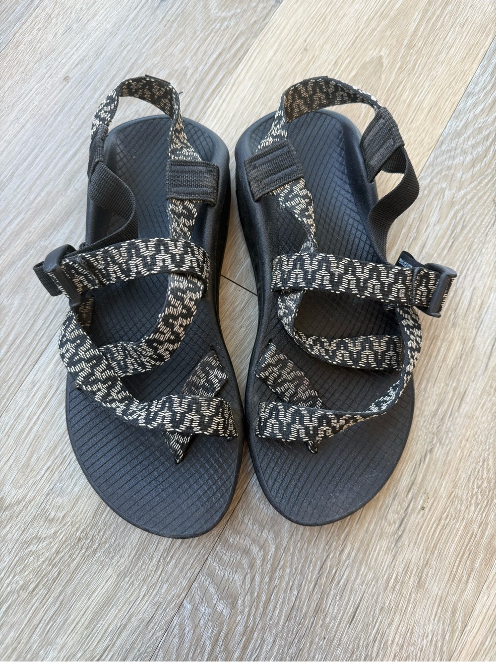 Chaco Black Sandals with Cream Patterned Straps